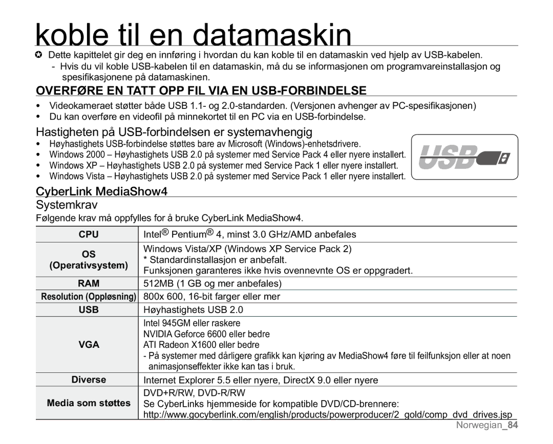 Samsung VP-MX20R/EDC, VP-MX20/EDC manual Koble til en datamaskin, Overføre EN Tatt OPP FIL VIA EN USB-FORBINDELSE, Cpu, Usb 