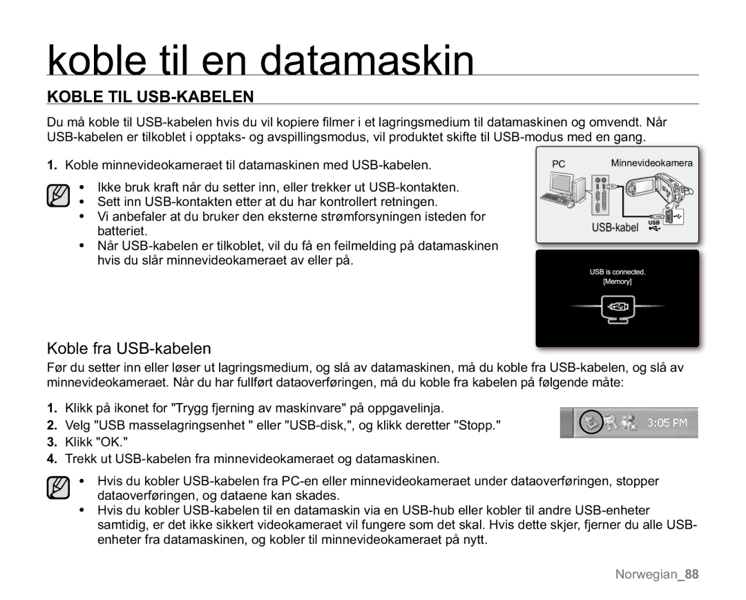 Samsung VP-MX20/XEU, VP-MX20R/EDC manual Koble TIL USB-KABELEN, Koble minnevideokameraet til datamaskinen med USB-kabelen 