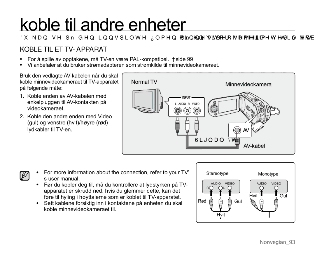 Samsung VP-MX20/XEU, VP-MX20R/EDC, VP-MX20/EDC manual Koble til andre enheter, Koble TIL ET TV-APPARAT, 6LJQDOÀ\W, AV-kabel 