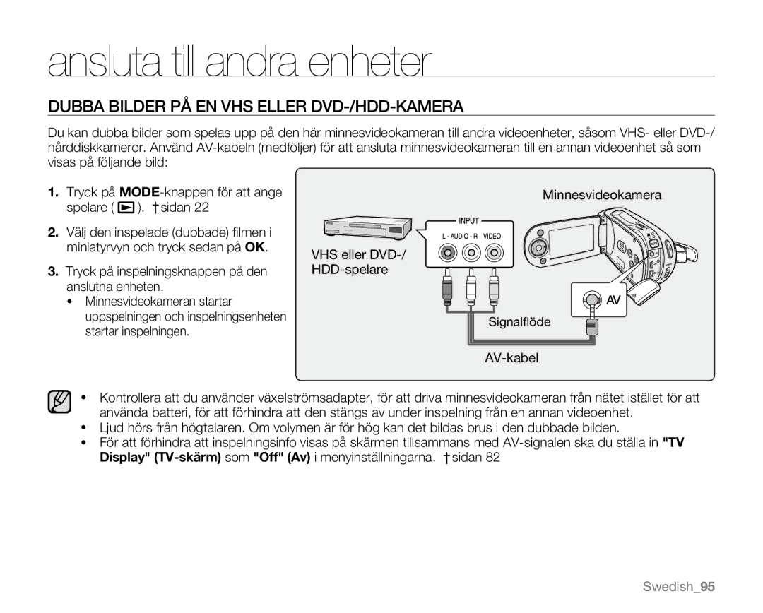 Samsung VP-MX20/EDC, VP-MX20R/EDC, VP-MX20L/EDC, VP-MX20H/EDC manual Dubba Bilder PÅ EN VHS Eller DVD-/HDD-KAMERA, AV-kabel 