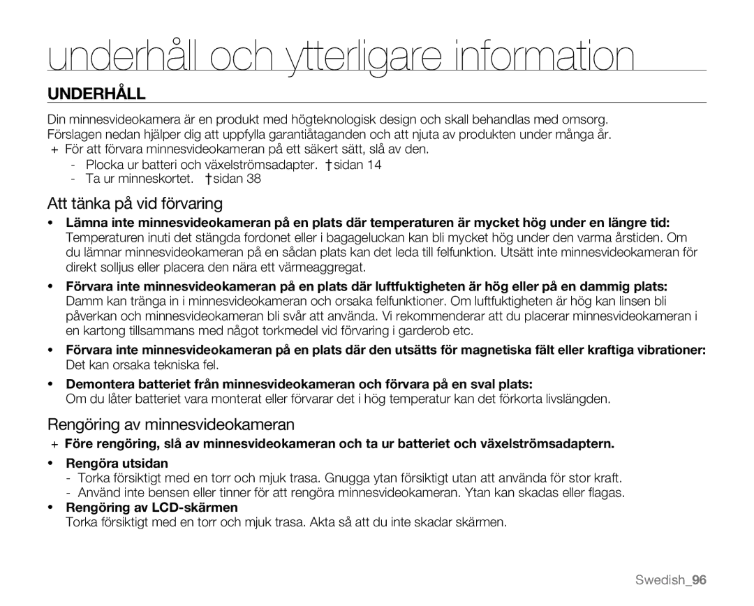 Samsung VP-MX20L/EDC Underhåll och ytterligare information, Att tänka på vid förvaring, Rengöring av minnesvideokameran 