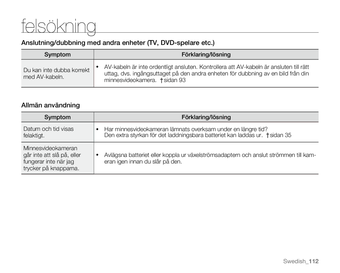 Samsung VP-MX20H/EDC, VP-MX20R/EDC manual Anslutning/dubbning med andra enheter TV, DVD-spelare etc, Allmän användning 