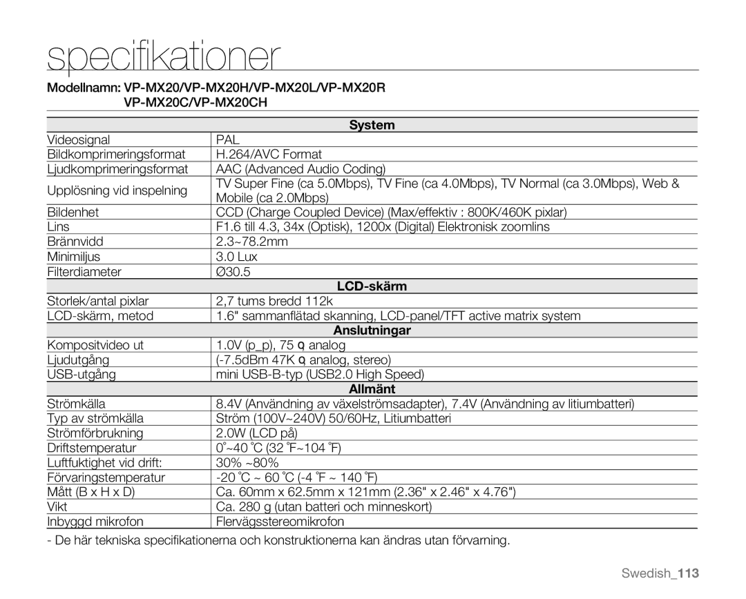 Samsung VP-MX20/XEU, VP-MX20R/EDC, VP-MX20/EDC, VP-MX20L/EDC, VP-MX20H/EDC manual Speciﬁkationer, Pal 