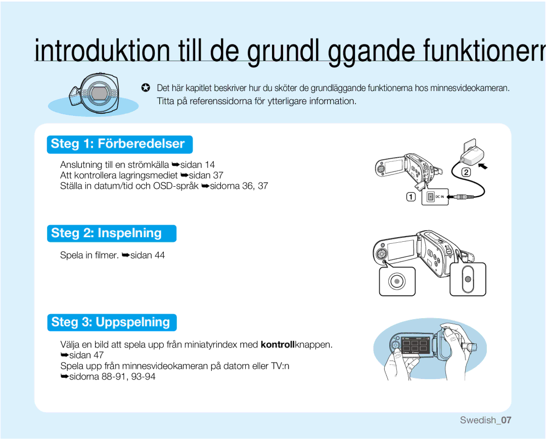 Samsung VP-MX20H/EDC, VP-MX20R/EDC, VP-MX20/EDC, VP-MX20L/EDC, VP-MX20/XEU Introduktion till de grundläggande funktionerna 