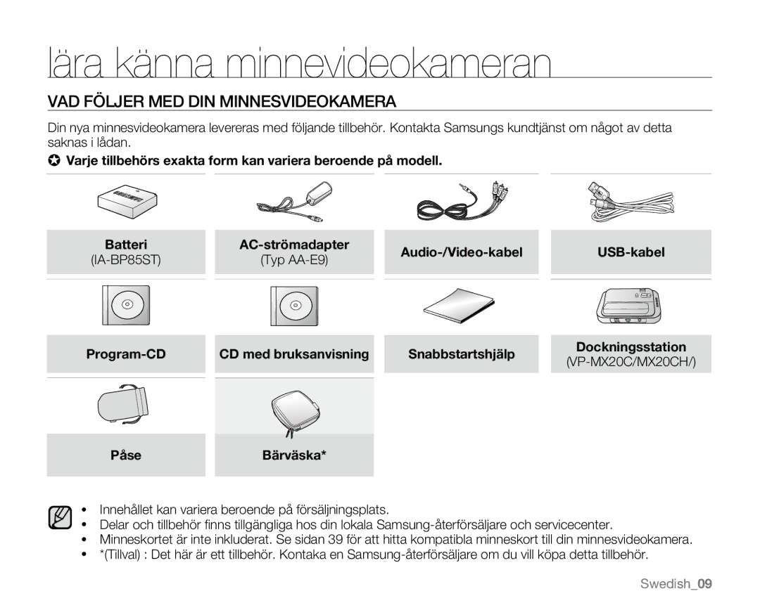 Samsung VP-MX20R/EDC, VP-MX20/EDC, VP-MX20L/EDC manual Lära känna minnevideokameran, VAD Följer MED DIN Minnesvideokamera 