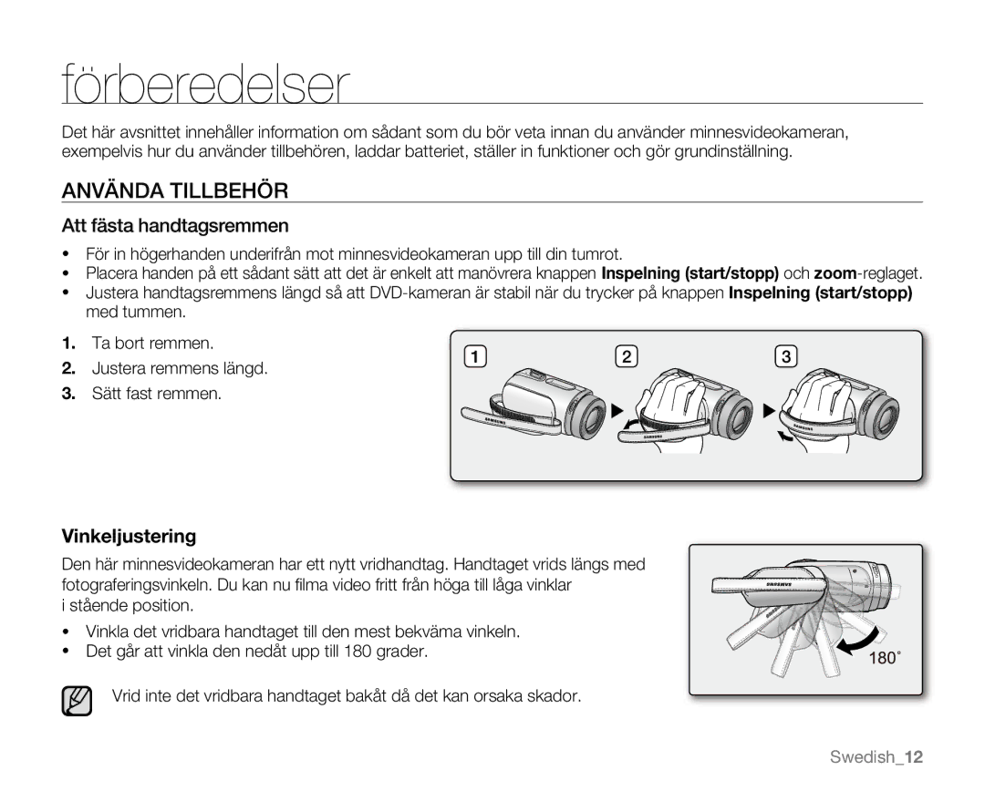 Samsung VP-MX20H/EDC, VP-MX20R/EDC, VP-MX20/EDC, VP-MX20L/EDC Förberedelser, Använda Tillbehör, Att fästa handtagsremmen 