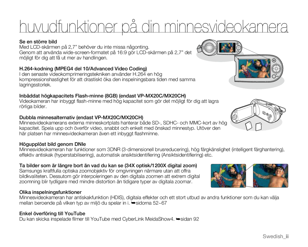 Samsung VP-MX20L/EDC, VP-MX20R/EDC, VP-MX20/EDC, VP-MX20H/EDC, VP-MX20/XEU manual Huvudfunktioner på din minnesvideokamera 