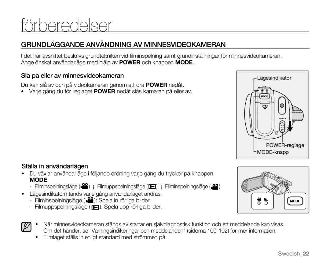 Samsung VP-MX20H/EDC, VP-MX20R/EDC manual Grundläggande Användning AV Minnesvideokameran, Slå på eller av minnesvideokameran 