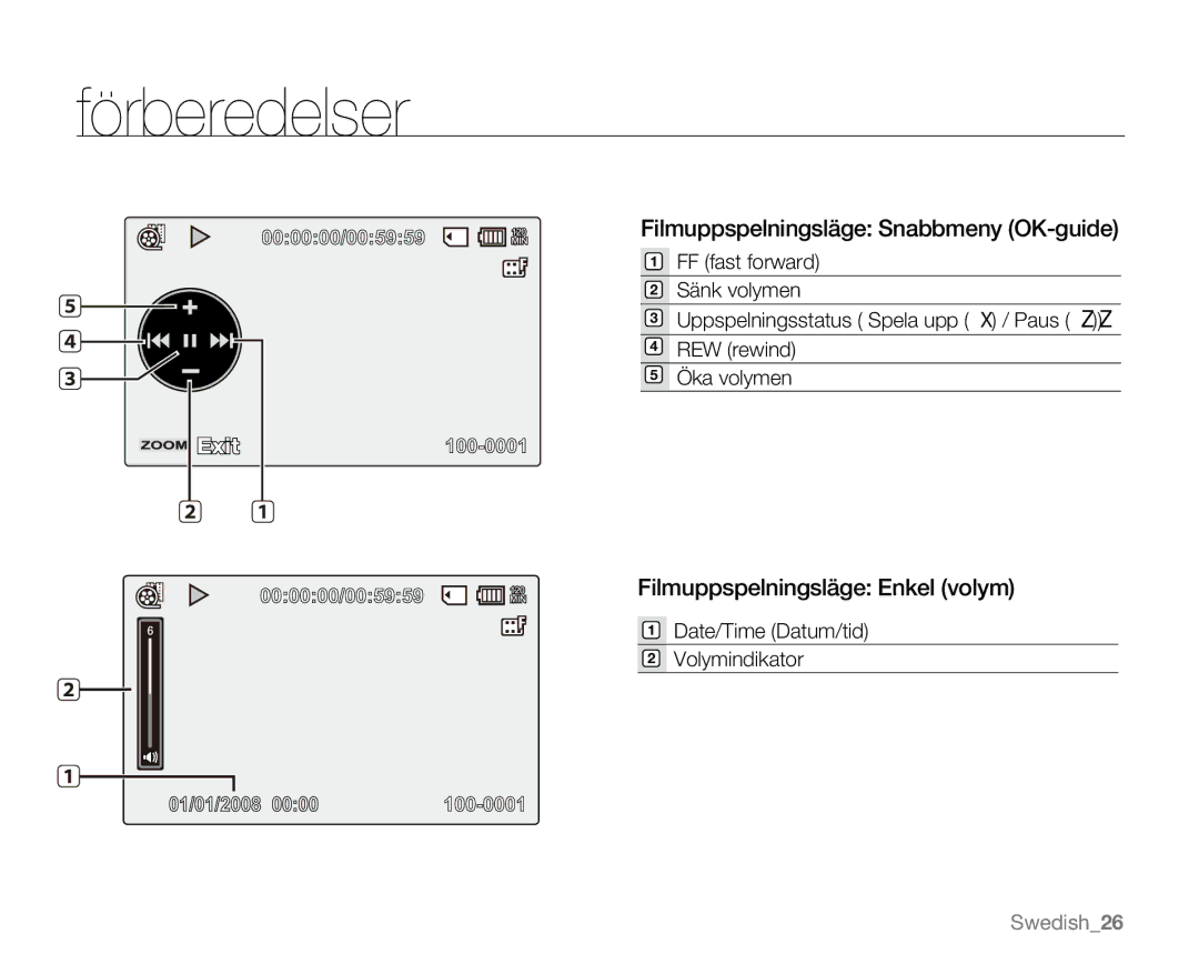 Samsung VP-MX20L/EDC, VP-MX20R/EDC, VP-MX20/EDC Filmuppspelningsläge Snabbmeny OK-guide, Filmuppspelningsläge Enkel volym 