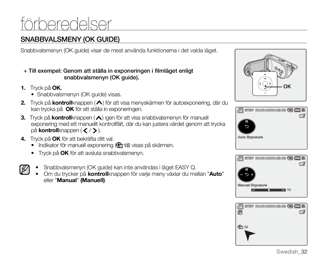 Samsung VP-MX20H/EDC, VP-MX20R/EDC, VP-MX20/EDC, VP-MX20L/EDC, VP-MX20/XEU manual Snabbvalsmeny OK Guide 