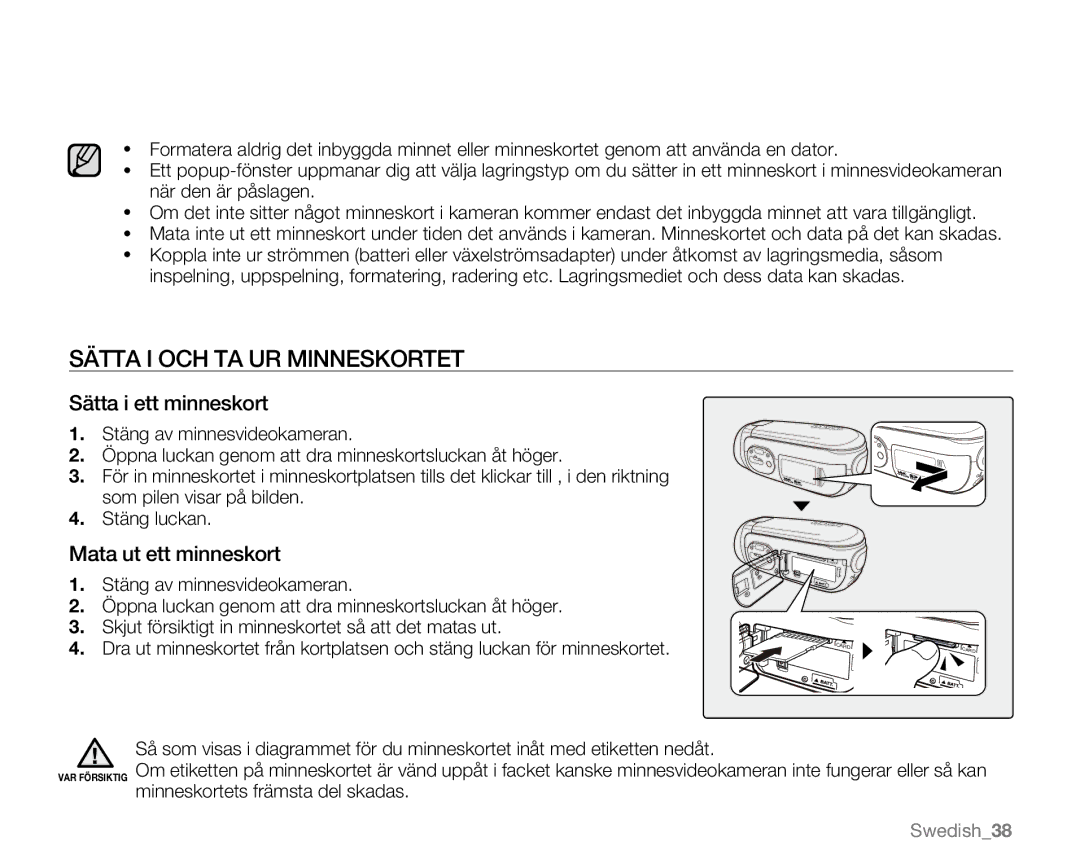 Samsung VP-MX20/XEU, VP-MX20R/EDC manual Sätta I OCH TA UR Minneskortet, Sätta i ett minneskort, Mata ut ett minneskort 