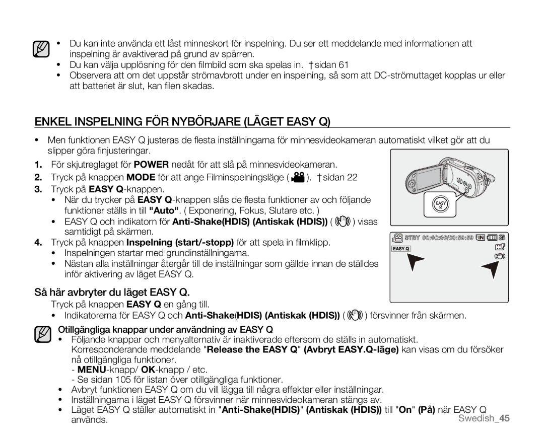 Samsung VP-MX20/EDC, VP-MX20R/EDC, VP-MX20L/EDC manual Enkel Inspelning FÖR Nybörjare Läget Easy Q, Tryck på Easy Q-knappen 