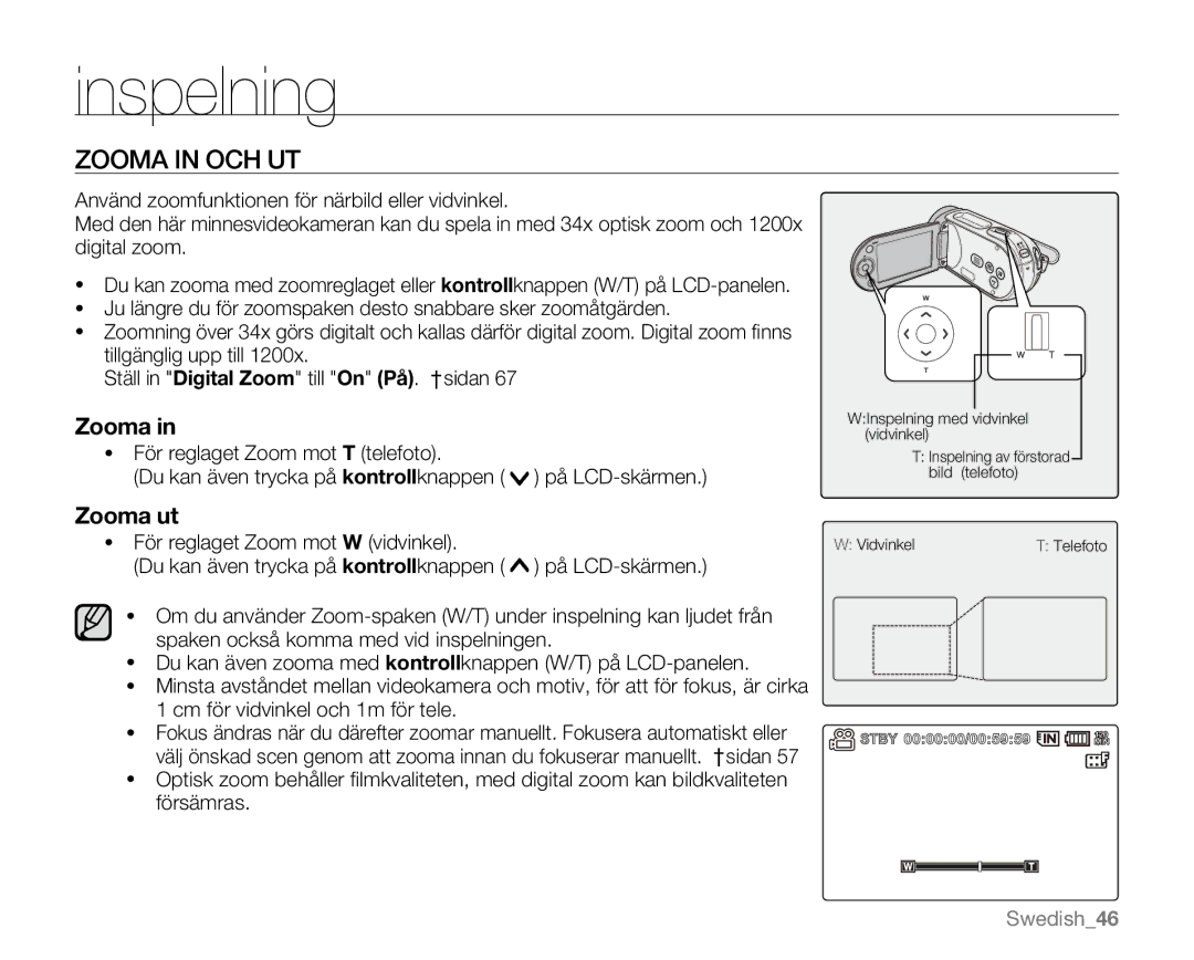 Samsung VP-MX20L/EDC, VP-MX20R/EDC, VP-MX20/EDC, VP-MX20H/EDC, VP-MX20/XEU manual Zooma in OCH UT, Zooma ut 