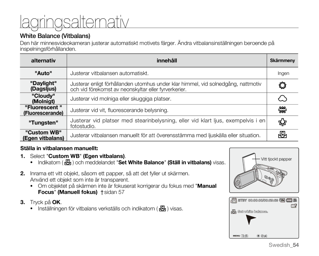 Samsung VP-MX20R/EDC, VP-MX20/EDC, VP-MX20L/EDC, VP-MX20H/EDC, VP-MX20/XEU manual White Balance Vitbalans, Alternativ Innehåll 