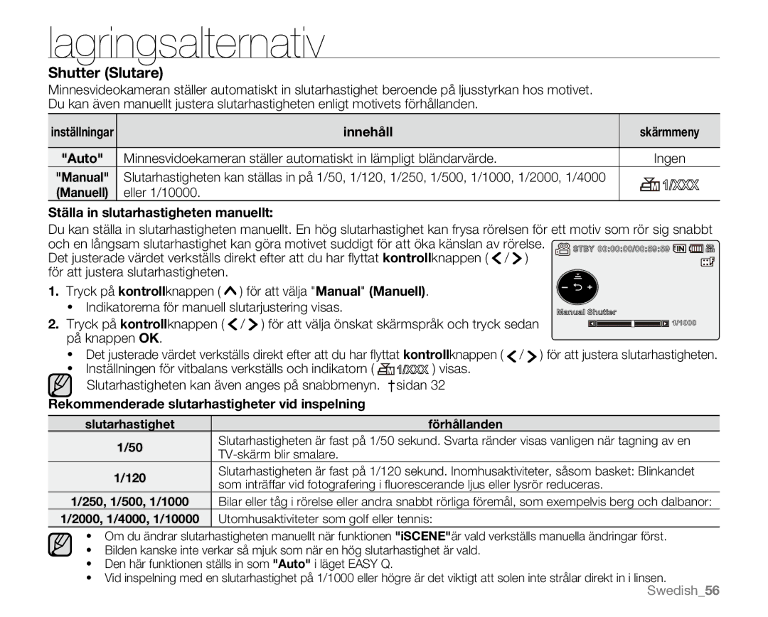 Samsung VP-MX20L/EDC Eller 1/10000 Ställa in slutarhastigheten manuellt, Rekommenderade slutarhastigheter vid inspelning 