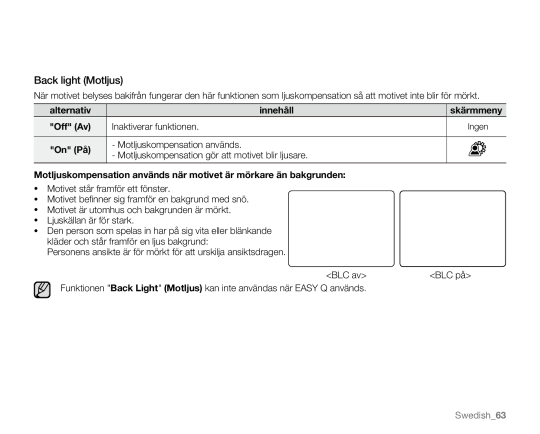 Samsung VP-MX20/XEU, VP-MX20R/EDC, VP-MX20/EDC, VP-MX20L/EDC, VP-MX20H/EDC manual Back light Motljus 