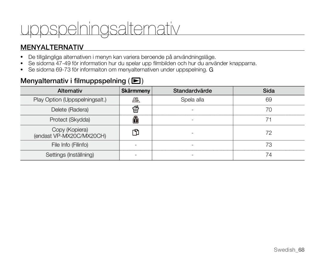 Samsung VP-MX20/XEU, VP-MX20R/EDC, VP-MX20/EDC, VP-MX20L/EDC manual Uppspelningsalternativ, Menyalternativ i ﬁlmuppspelning 