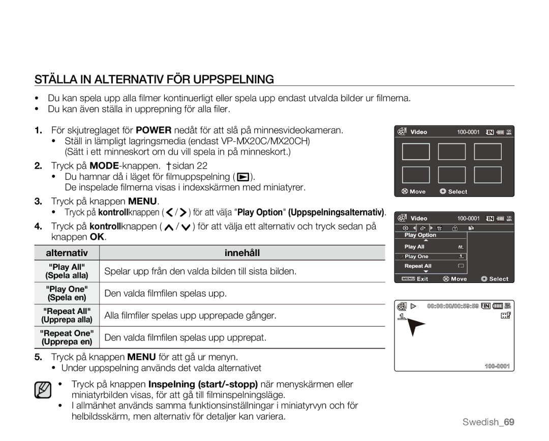 Samsung VP-MX20R/EDC, VP-MX20/EDC Ställa in Alternativ FÖR Uppspelning, Spelar upp från den valda bilden till sista bilden 