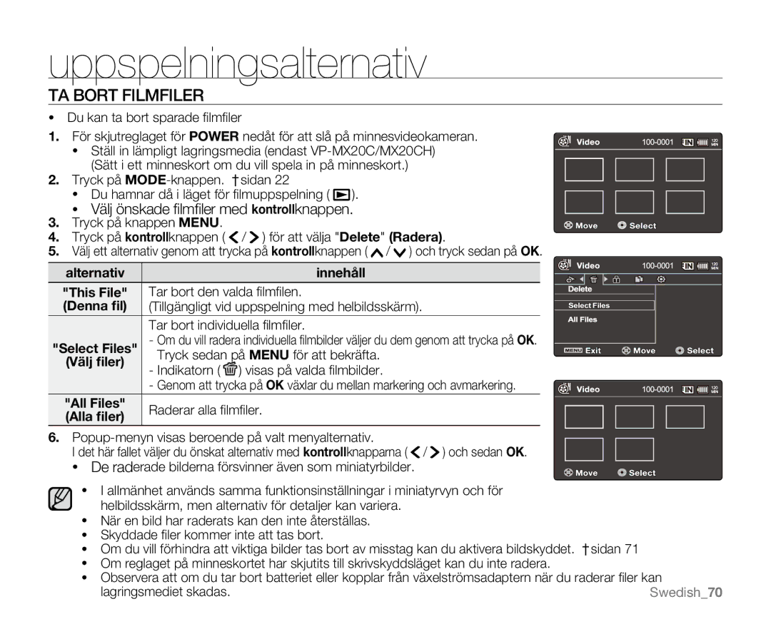 Samsung VP-MX20/EDC, VP-MX20R/EDC, VP-MX20L/EDC, VP-MX20H/EDC TA Bort Filmfiler, Välj önskade ﬁlmﬁler med kontrollknappen 