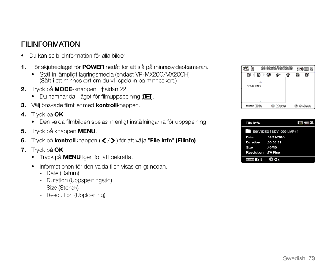 Samsung VP-MX20/XEU, VP-MX20R/EDC, VP-MX20/EDC, VP-MX20L/EDC, VP-MX20H/EDC manual Filinformation 