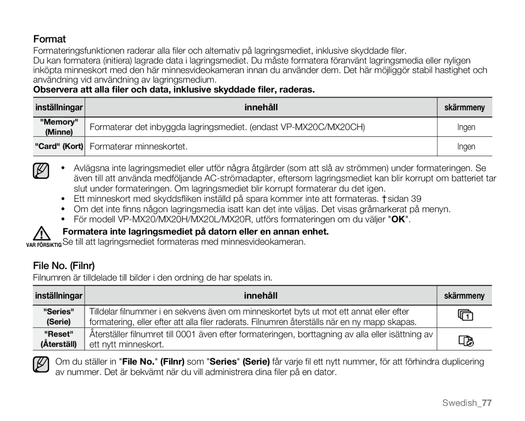 Samsung VP-MX20H/EDC, VP-MX20R/EDC, VP-MX20/EDC, VP-MX20L/EDC, VP-MX20/XEU manual Format, File No. Filnr, Ett nytt minneskort 