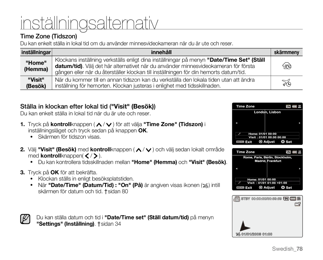 Samsung VP-MX20/XEU, VP-MX20R/EDC, VP-MX20/EDC manual Time Zone Tidszon, Ställa in klockan efter lokal tid Visit Besök 