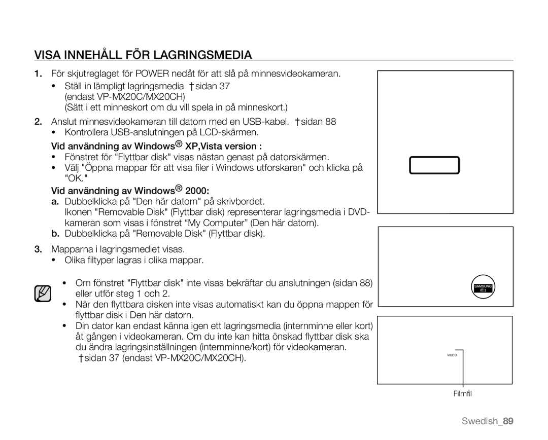 Samsung VP-MX20R/EDC, VP-MX20/EDC, VP-MX20L/EDC, VP-MX20H/EDC, VP-MX20/XEU manual Visa Innehåll FÖR Lagringsmedia 