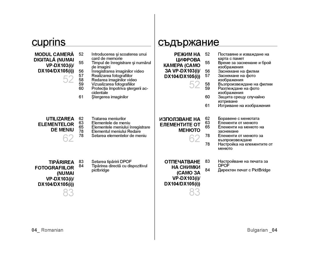 Samsung VP-MX25E/EDC, VP-DX100/EDC manual Cuprins Съдържание 