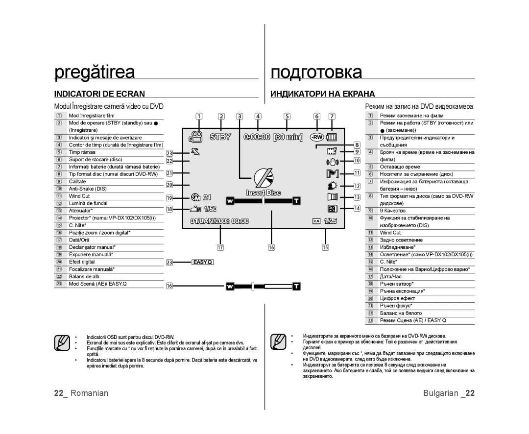 Samsung VP-MX25E/EDC, VP-DX100/EDC manual Подготовка, Indicatori DE Ecran Индикатори НА Екрана 