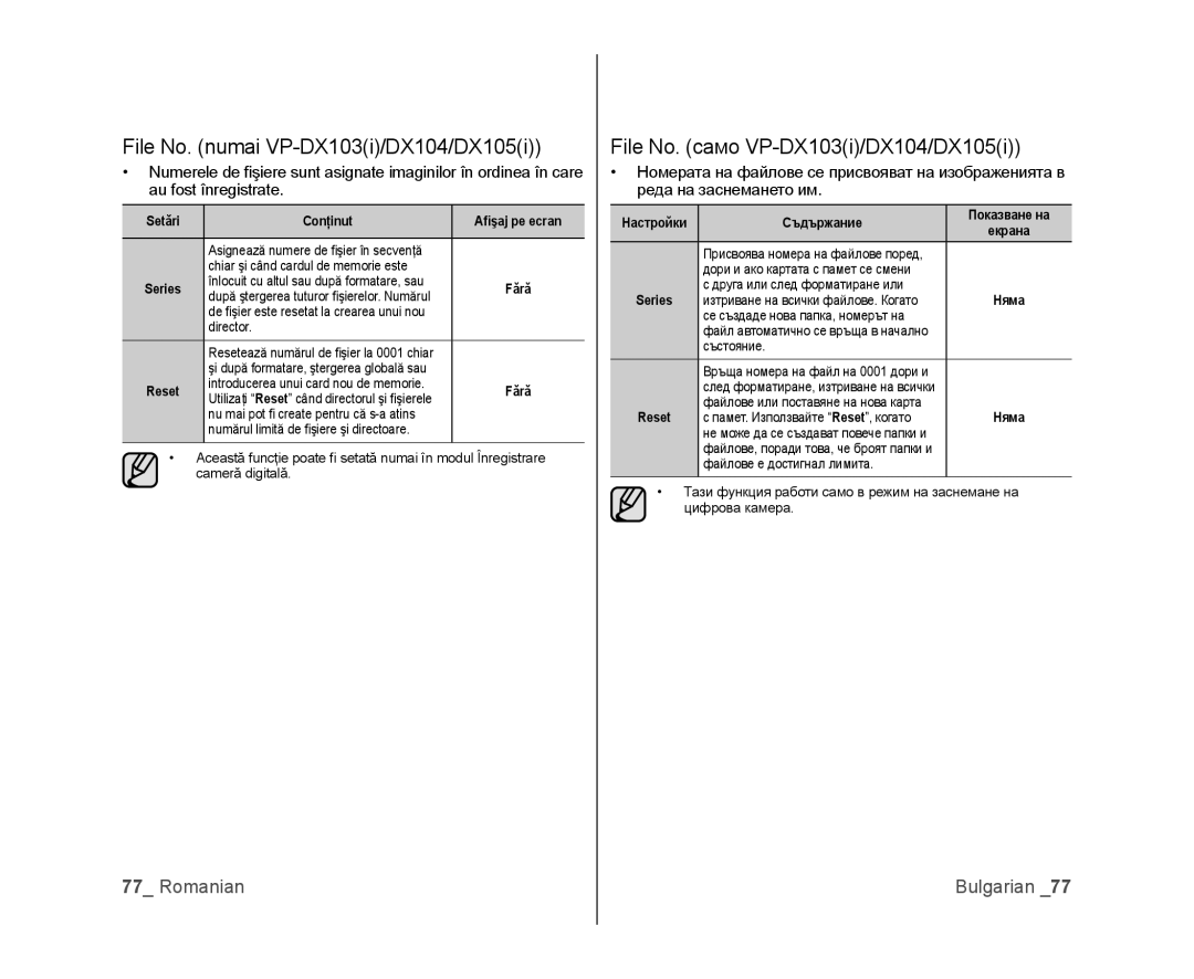 Samsung VP-DX100/EDC, VP-MX25E/EDC manual Setări Conţinut Aﬁşaj pe ecran, Series, Reset, Настройки Съдържание Показване на 