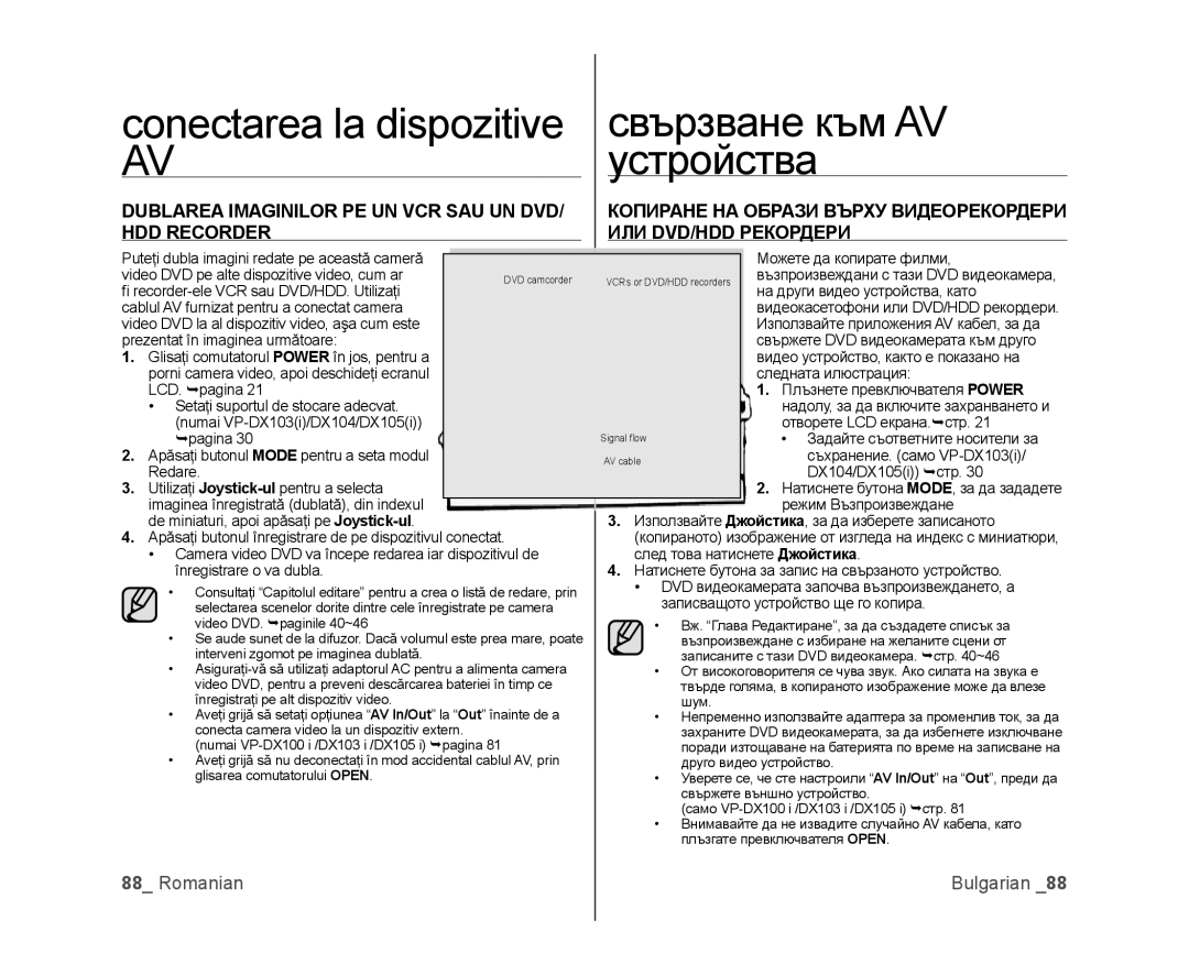 Samsung VP-MX25E/EDC, VP-DX100/EDC manual Свързване към AV, Устройства, Conectarea la dispozitive 