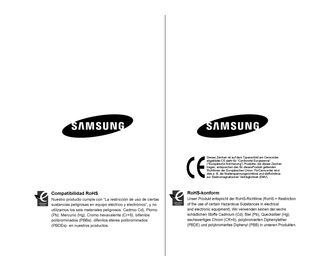 Samsung VP-MX25E/EDC, VP-DX100/XEF, VP-DX103/XEF, VP-DX100/EDC, VP-DX100/CAN, VP-DX105/EDC Compatibilidad RoHS, RoHS-konform 