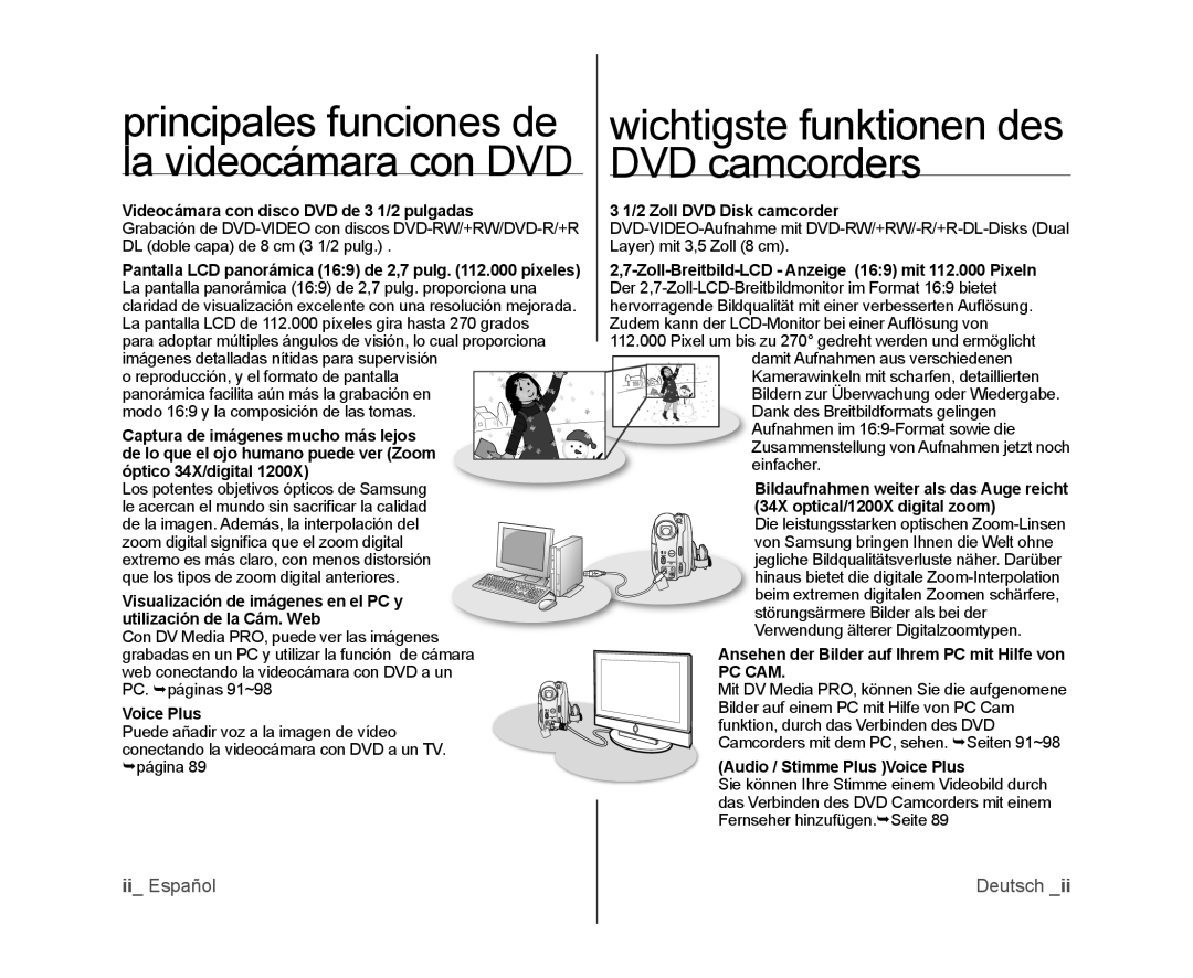 Samsung VP-DX103/XEF, VP-MX25E/EDC, VP-DX100/XEF manual Principales funciones de, La videocámara con DVD DVD camcorders 