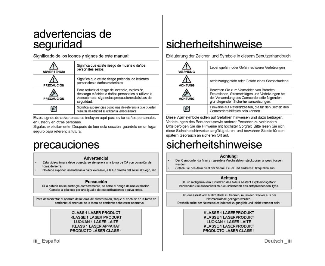 Samsung VP-DX100/EDC, VP-MX25E/EDC, VP-DX100/XEF, VP-DX103/XEF Advertencias de seguridad, Precauciones, Sicherheitshinweise 