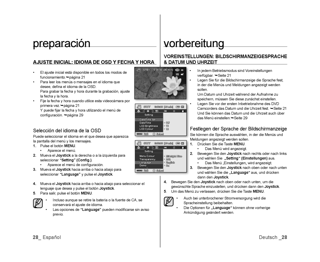 Samsung VP-DX100/CAN, VP-MX25E/EDC manual Ajuste Inicial Idioma DE OSD Y Fecha Y Hora, Selección del idioma de la OSD 