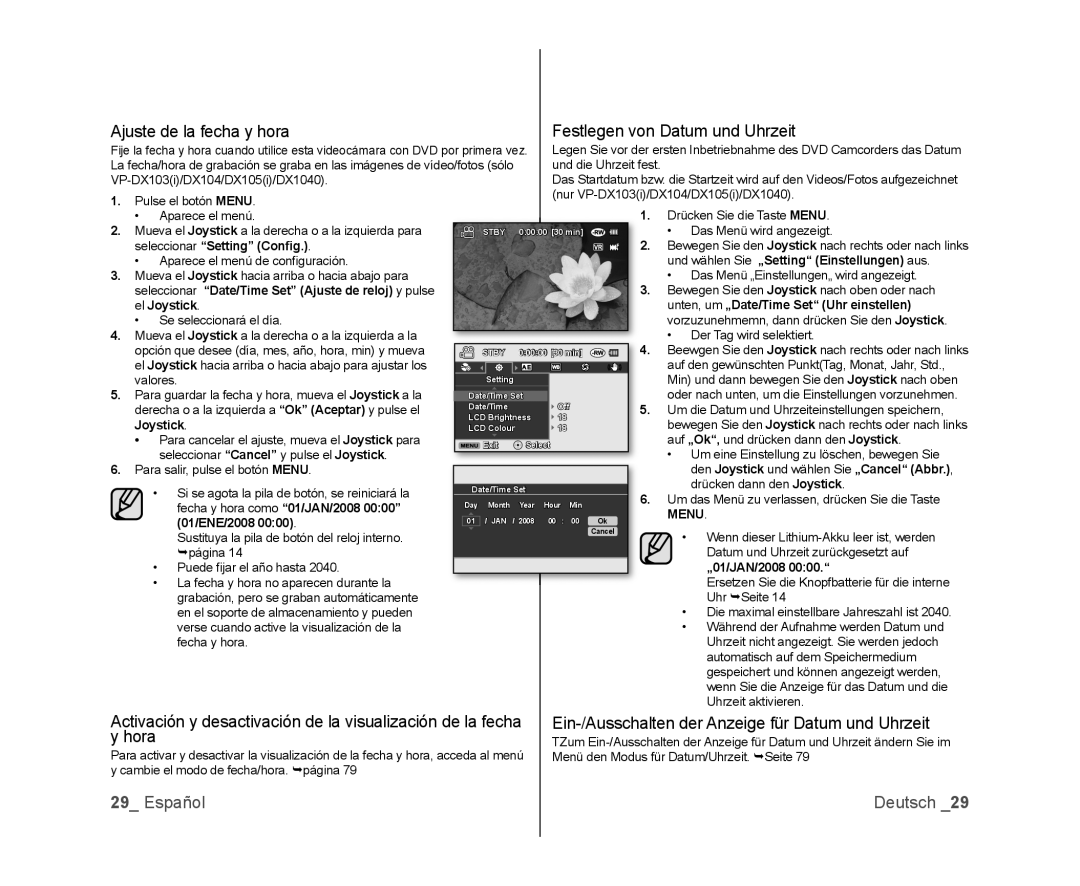 Samsung VP-DX105/EDC, VP-MX25E/EDC manual Ajuste de la fecha y hora, Ein-/Ausschalten der Anzeige für Datum und Uhrzeit 