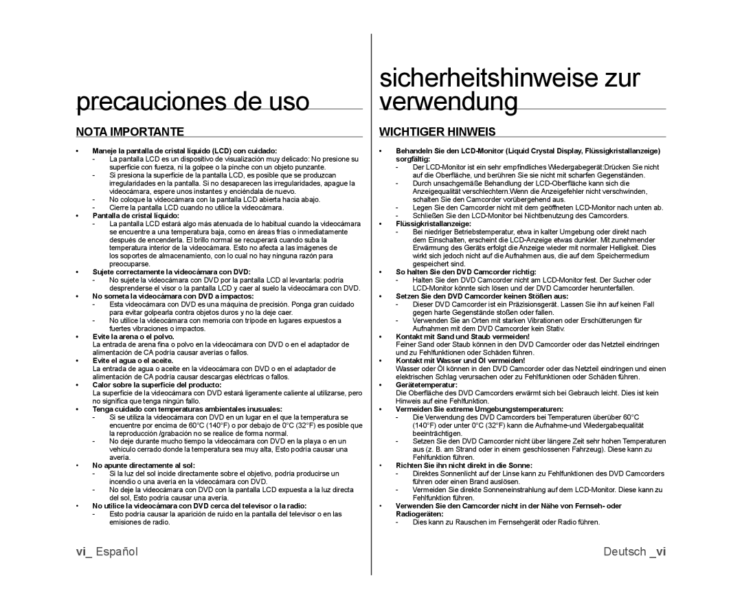 Samsung VP-MX25E/EDC manual Precauciones de uso, Sicherheitshinweise zur verwendung, Nota Importante, Wichtiger Hinweis 