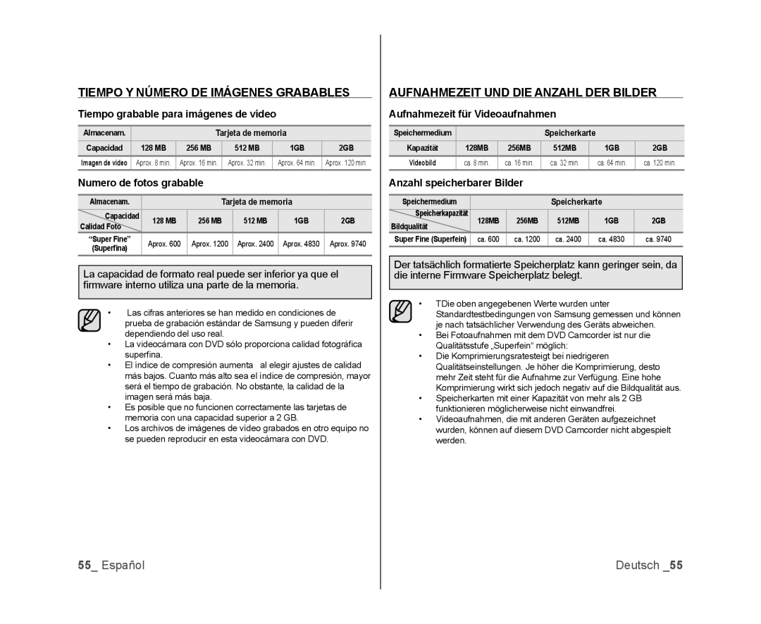 Samsung VP-DX100/XEF, VP-MX25E/EDC manual Tiempo Y Número DE Imágenes Grabables, Aufnahmezeit UND DIE Anzahl DER Bilder 