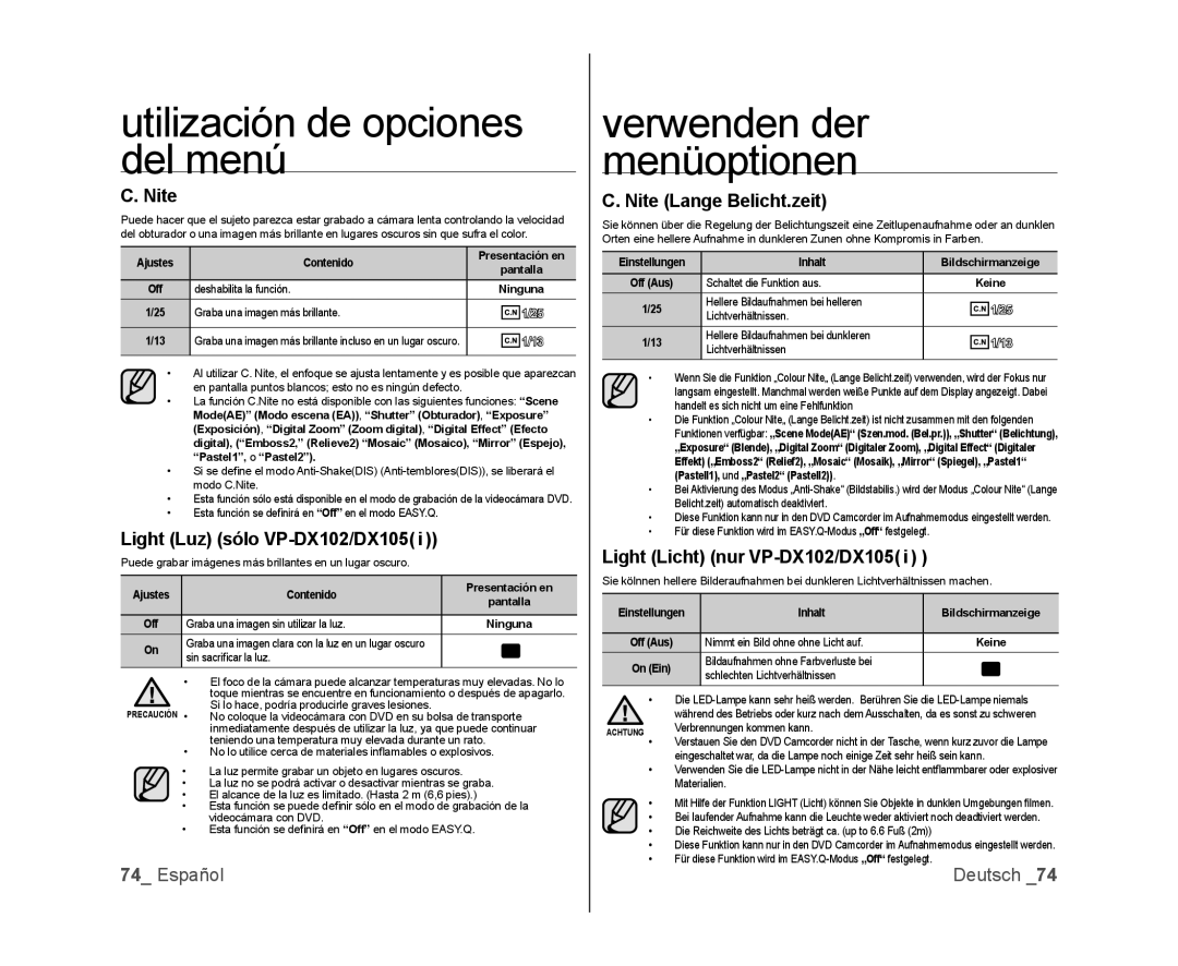 Samsung VP-DX103/XEF manual Light Luz sólo VP-DX102/DX105, Nite Lange Belicht.zeit, Light Licht nur VP-DX102/DX105 