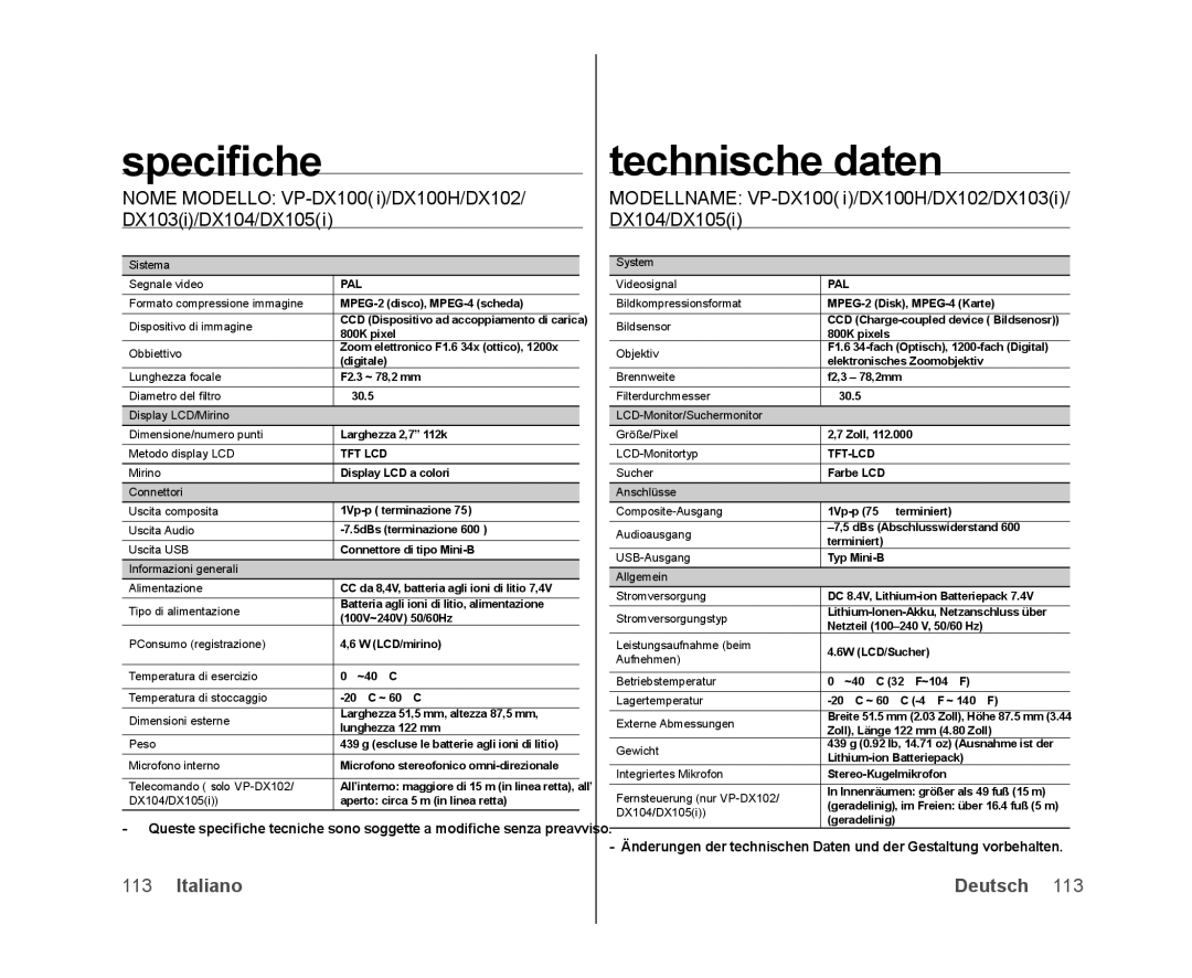 Samsung VP-DX100H/XEF, VP-MX25E/EDC, VP-DX100/XEF, VP-DX103/XEF, VP-DX100/XEO, VP-DX105/ESS manual Speciﬁche, Technische daten 