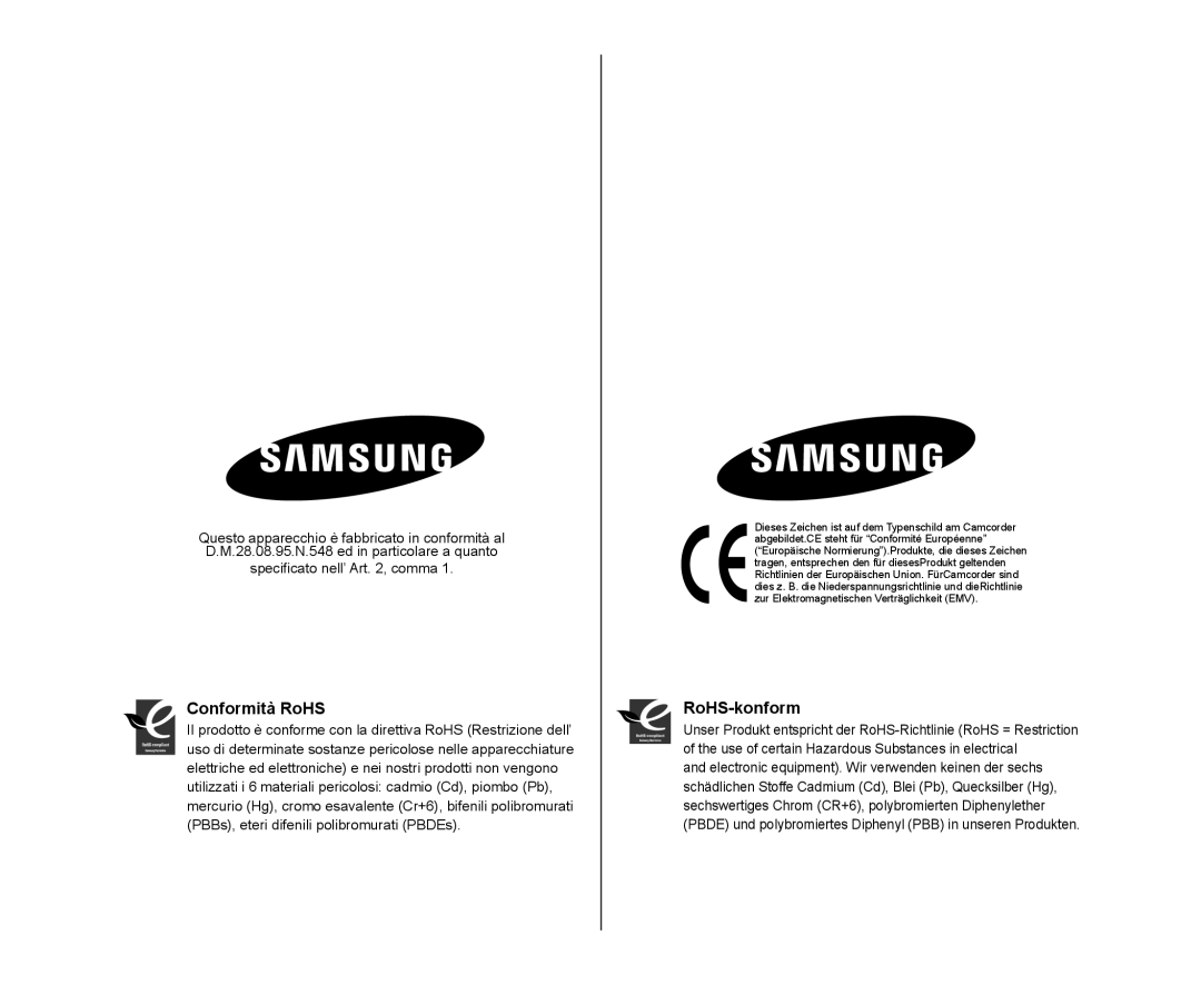 Samsung VP-DX100H/XEF, VP-MX25E/EDC, VP-DX100/XEF, VP-DX103/XEF, VP-DX100/XEO, VP-DX105/ESS manual Conformità RoHS, RoHS-konform 