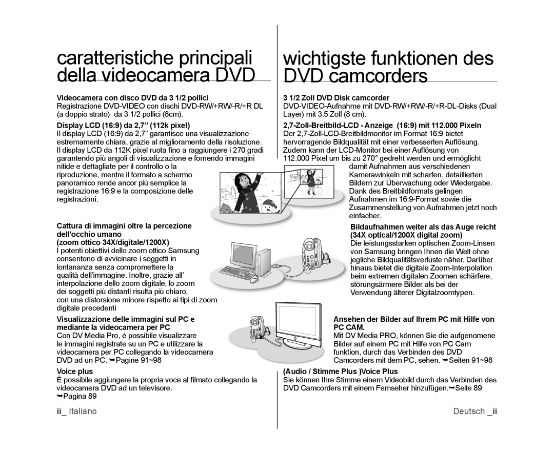 Samsung VP-DX103/XEF manual Caratteristiche principali, Della videocamera DVD DVD camcorders, Wichtigste funktionen des 