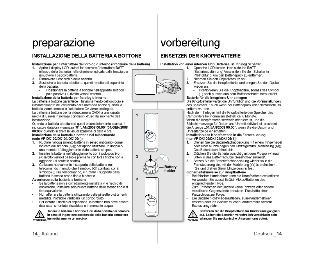 Samsung VP-DX103/XEF manual Battery, Holder, Sicherheitshinweise zur Knopfbatterie, Avvertenze sulla batteria a bottone 