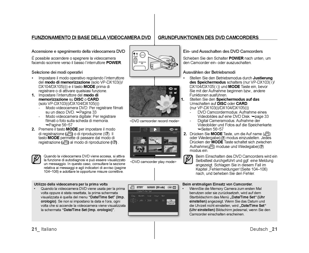 Samsung VP-DX100/XEO manual Accensione e spegnimento della videocamera DVD, Selezione dei modi operativi, Pagine 56~57 