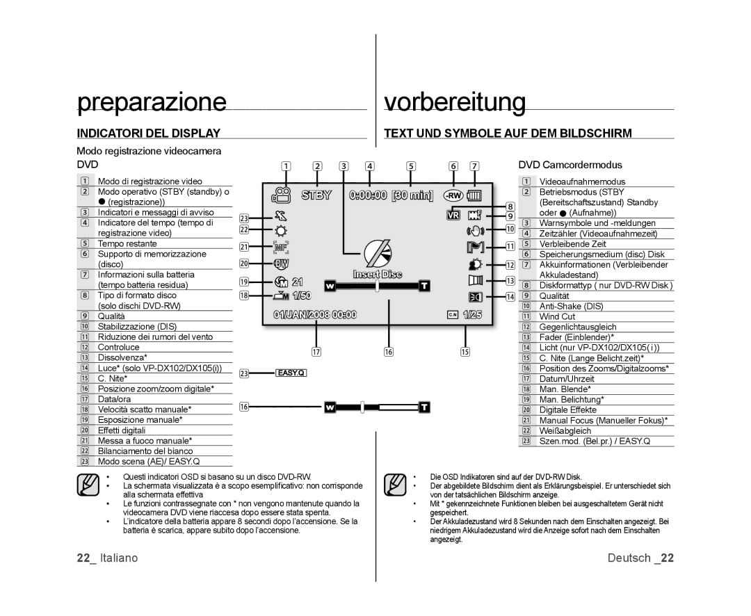 Samsung VP-DX105/ESS, VP-MX25E/EDC Preparazionevorbereitung, Indicatori DEL Display Text UND Symbole AUF DEM Bildschirm 