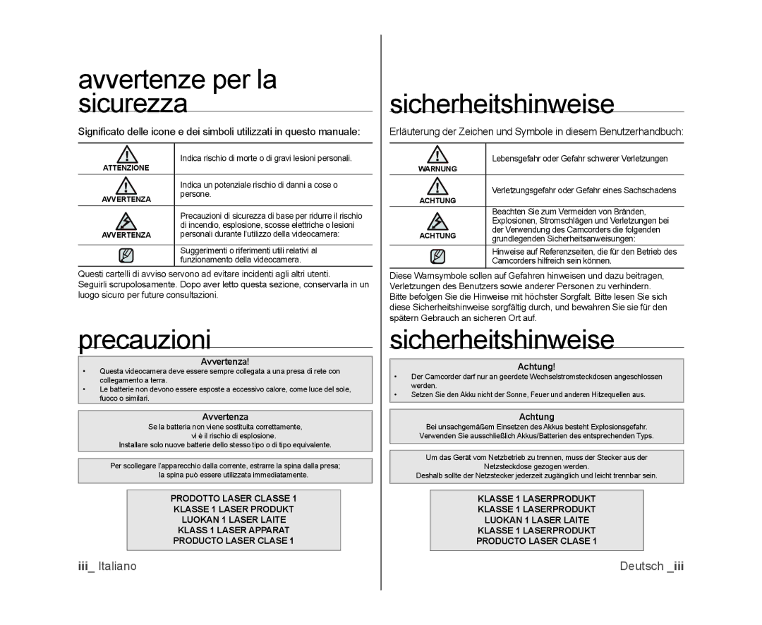 Samsung VP-DX100/XEO, VP-MX25E/EDC manual Avvertenze per la sicurezza, Precauzioni, Sicherheitshinweise, Avvertenza, Achtung 