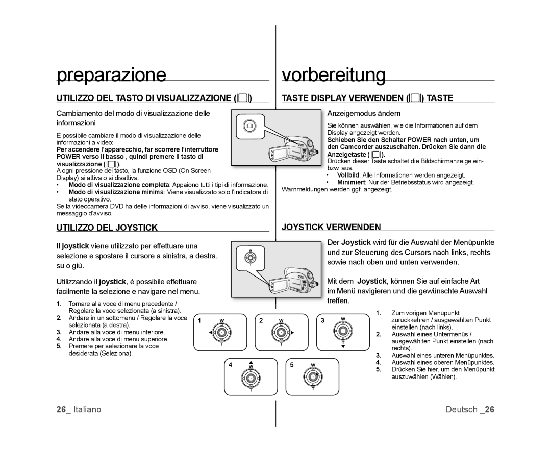 Samsung VP-DX103/XEF manual Utilizzo DEL Tasto DI Visualizzazione, Utilizzo DEL Joystick, Taste Display Verwenden Taste 