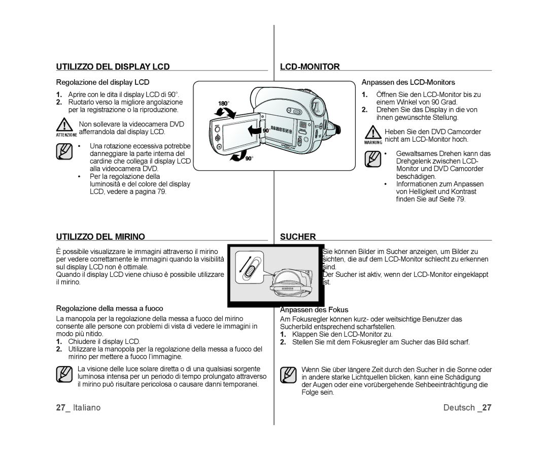Samsung VP-DX100/XEO, VP-MX25E/EDC Utilizzo DEL Display LCD, Utilizzo DEL Mirino LCD-MONITOR, Sucher, Nden Sie auf Seite 