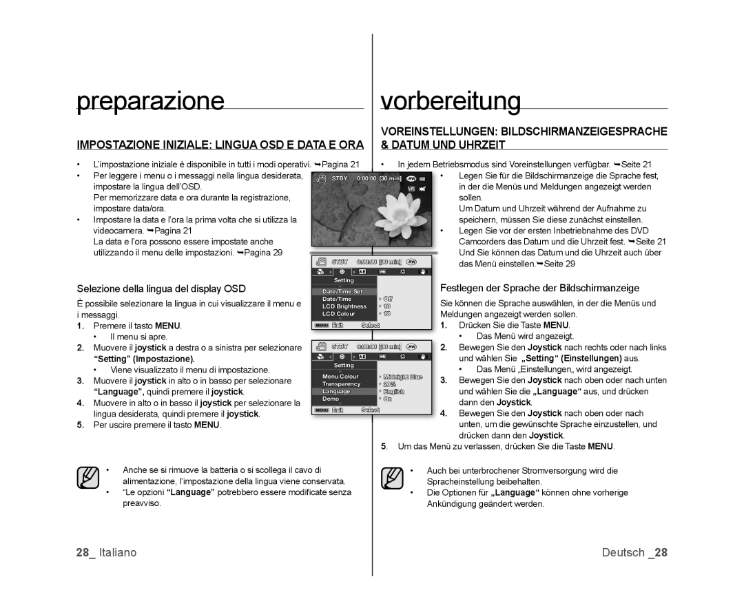 Samsung VP-DX105/ESS, VP-MX25E/EDC Selezione della lingua del display OSD, Festlegen der Sprache der Bildschirmanzeige 