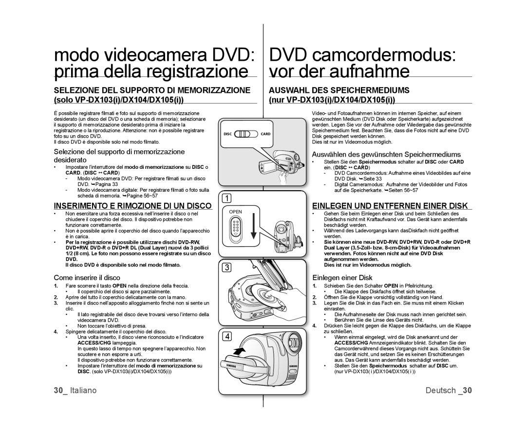 Samsung VP-MX25E/EDC, VP-DX100/XEF DVD camcordermodus, Vor der aufnahme, Modo videocamera DVD, Prima della registrazione 